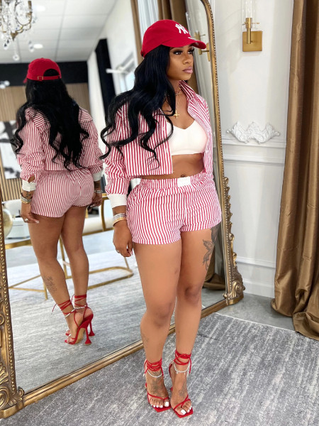 Collar shirt striped long sleeved shorts set