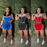 Striped patchwork contrasting sleeveless elastic sports two-piece set