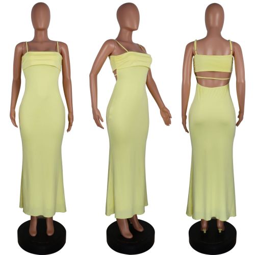 Double layered transparent backless suspender solid color dress