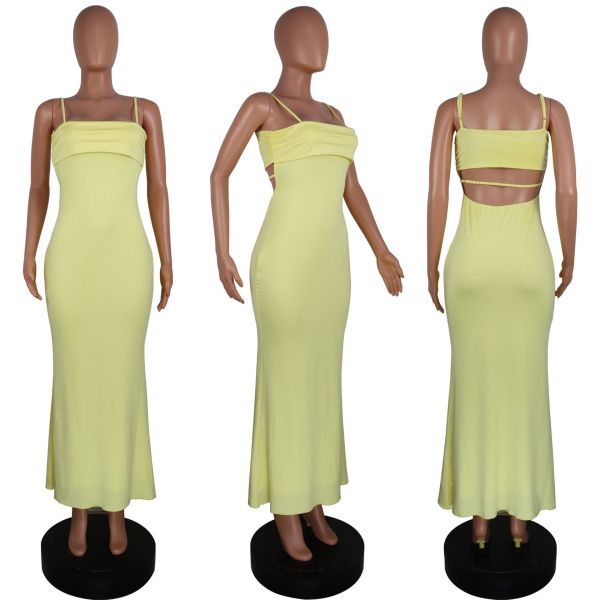Double layered transparent backless suspender solid color dress