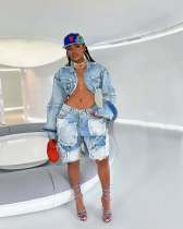 Retro washed distressed patch denim set