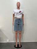 Loose denim 5-point pants with full rhinestone hot stamping and additional waistband
