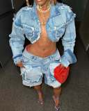 Retro washed distressed patch denim set