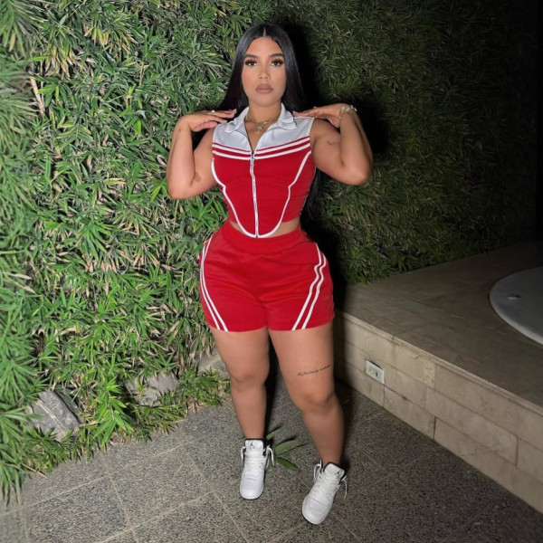 Striped patchwork contrasting sleeveless elastic sports two-piece set