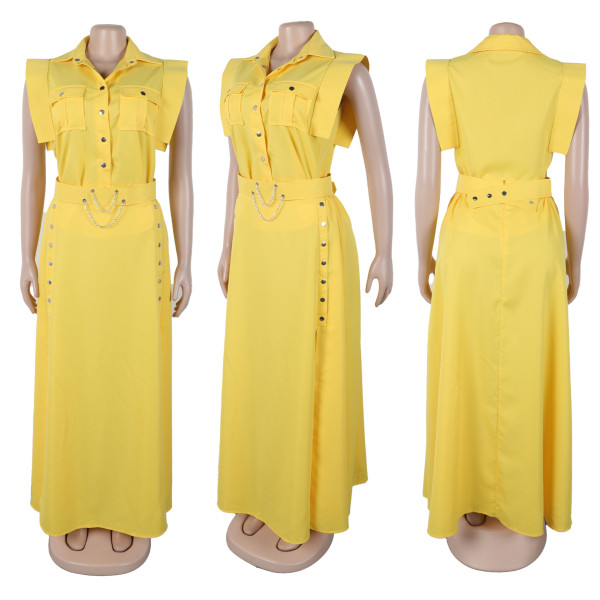 Solid color lapel sleeveless workwear split long skirt two-piece set