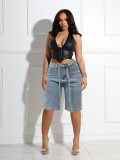 Loose denim 5-point pants with full rhinestone hot stamping and additional waistband