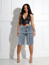 Loose denim 5-point pants with full rhinestone hot stamping and additional waistband