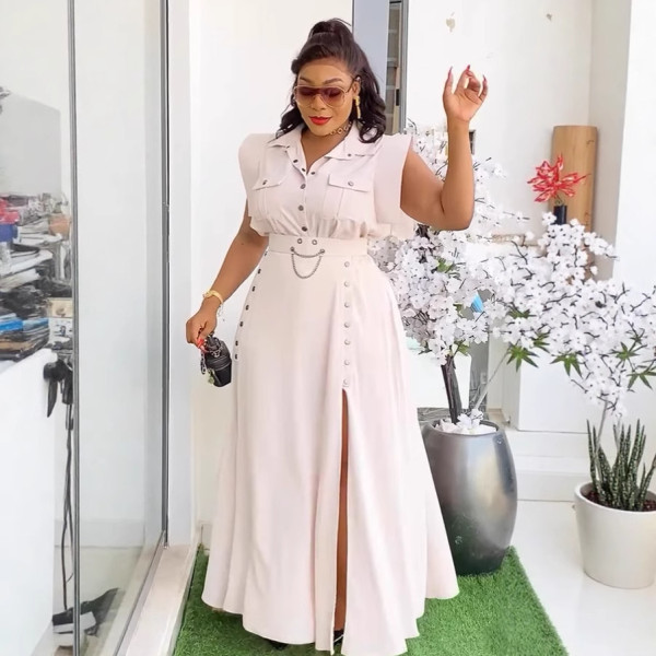 Solid color lapel sleeveless workwear split long skirt two-piece set