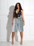 Loose denim 5-point pants with full rhinestone hot stamping and additional waistband