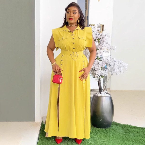 Solid color lapel sleeveless workwear split long skirt two-piece set