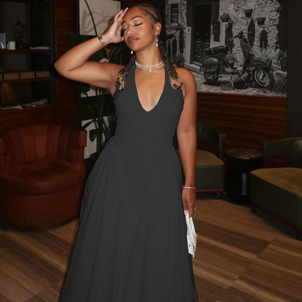 Hanging neck solid color dress sleeveless top skirt