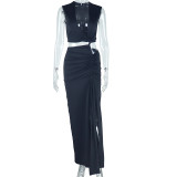 Slant V-neck exposed single shoulder sleeveless irregular slit skirt