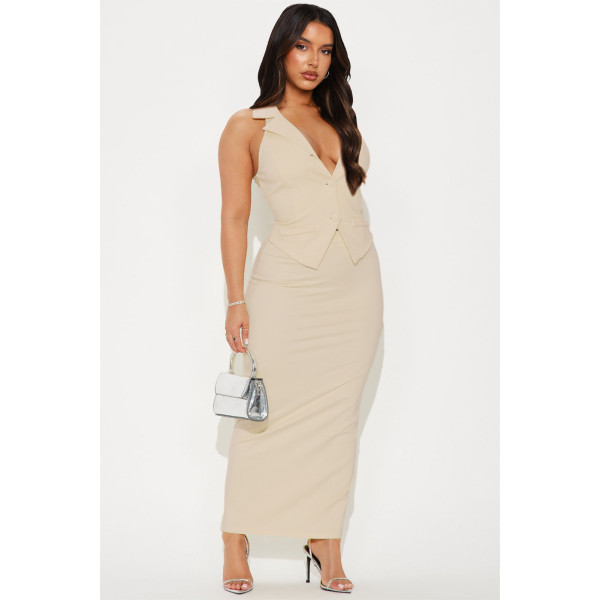 Sleeveless lapel suit vest zipper split skirt two-piece set