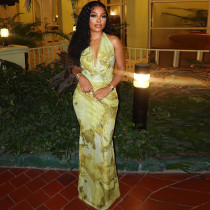 Printed backless fishtail skirt with deep V-neck hanging neck dress