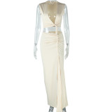 Slant V-neck exposed single shoulder sleeveless irregular slit skirt