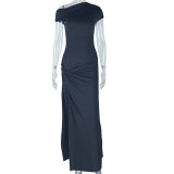 Slant neck short sleeved irregular slit temperament skirt
