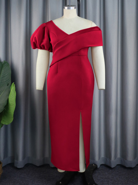 Lantern sleeve dress V-neck dress