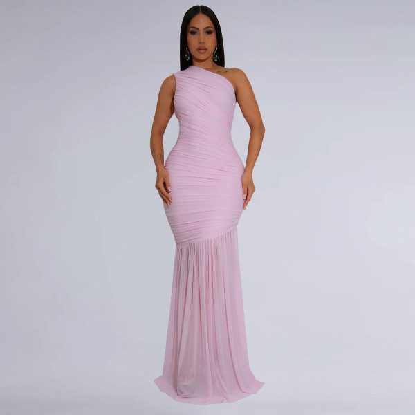 Slanted Shoulder Perspective Solid Color Dress