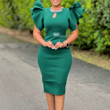 Round neck lotus leaf sleeve nail diamond wrapped hip jumpsuit with hollowed out dress skirt