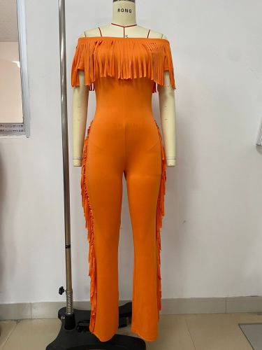 One neck short sleeved fringe lace jumpsuit pants