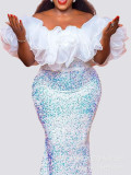 One shoulder organza wrapped chest bead high waisted jumpsuit long skirt