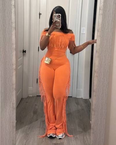 One neck short sleeved fringe lace jumpsuit pants