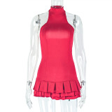 Waist cinching fluffy pleated cake skirt stand collar sleeveless short dress