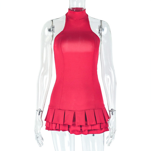 Waist cinching fluffy pleated cake skirt stand collar sleeveless short dress