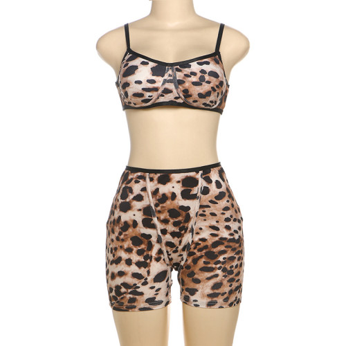 Leopard print low cut suspender high waisted leggings set