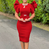 Round neck lotus leaf sleeve nail diamond wrapped hip jumpsuit with hollowed out dress skirt