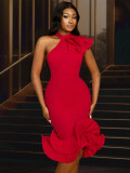 Half high collar ruffle edge jumpsuit with off shoulder ruffle hem evening gown