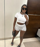 Moon print elastic base top and shorts set
