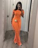 One neck short sleeved fringe lace jumpsuit pants