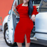 Square collar short sleeved hip hugging dress