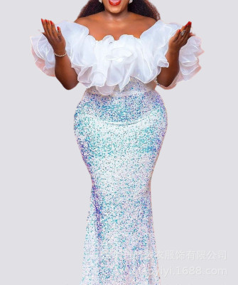 One shoulder organza wrapped chest bead high waisted jumpsuit long skirt