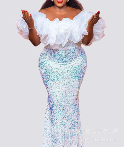 One shoulder organza wrapped chest bead high waisted jumpsuit long skirt