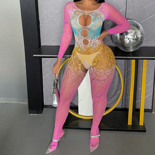 Gradient long sleeved open cut tight mesh clothing with transparent one-piece lingerie