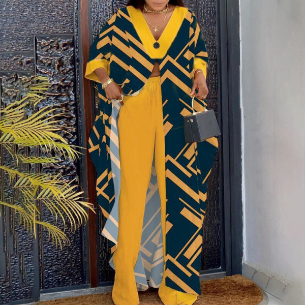 Printed pullover cloak loose pants set