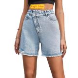 High waisted loose fringed denim shorts