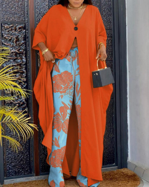 Printed pullover cloak loose pants set