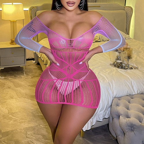 Gradient hollowed out transparent hip hugging strapless long sleeved mesh skirt, erotic lingerie