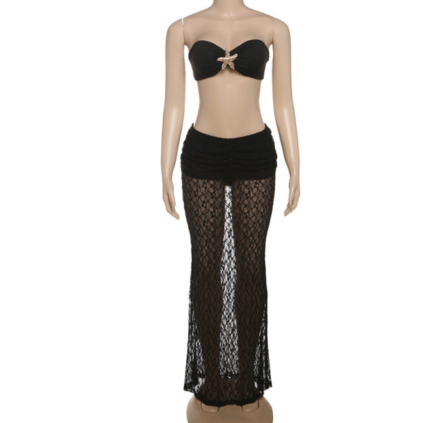 Strap strapless lace long skirt two-piece set