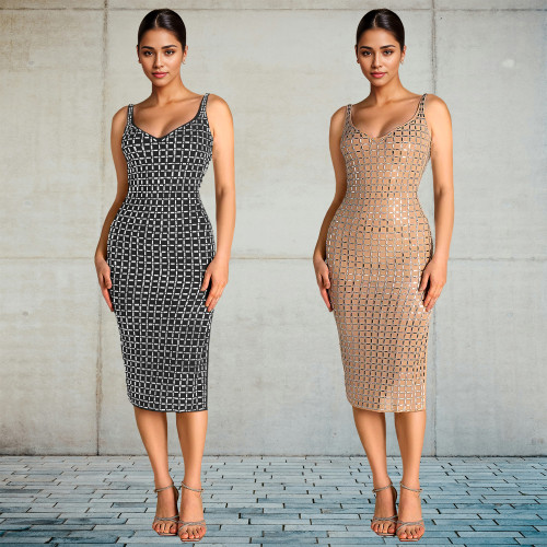 Backless rhinestone camisole wrapped arm dress