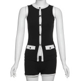 Sleeveless round neck cardigan top and shorts set
