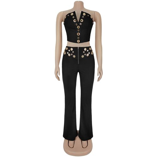 Strapless chicken eye metal buckle long pants set