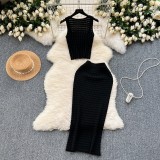 Short vest top paired with high waisted half body knitted skirt two-piece set