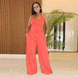 Loose backless hanging neck solid color jumpsuit