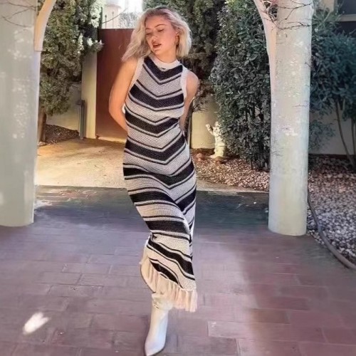 Tight striped fringe fur dress, knitted dress