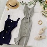 Square collar buckle sleeveless vest with split bottom skirt