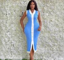 Color blocked threaded single breasted V-neck sleeveless elastic knit dress Color blocked threaded single breasted V-neck sleeveless elastic knit dress